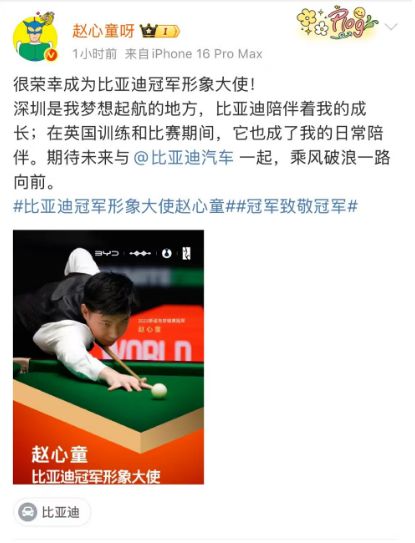 比亚迪官宣：赵心童成为冠军形象大使！欧洲销量首次超越特斯拉，4月飙升169%！