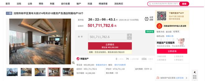 沈阳世茂希尔顿酒店将被拍卖，起拍价5.01亿元